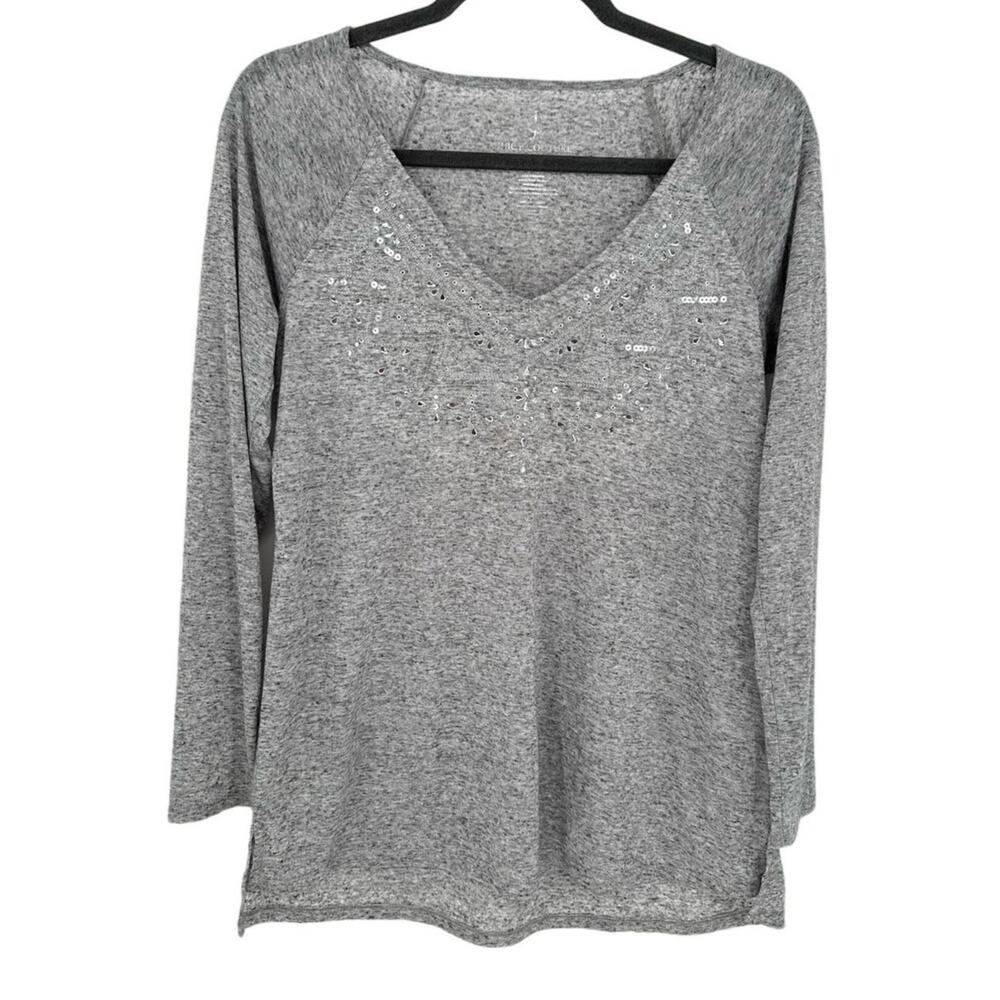 Juicy Couture Gray Long Sleeve V-Neck Tee S Silver Sequins Casual Stretch Linen